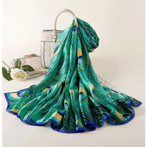 Foulard Women Scarfs Green Peacock Print Silk Shawls and Wraps Pashmina Scarves Lady Beach Scarfs Female Hijab 2020 New