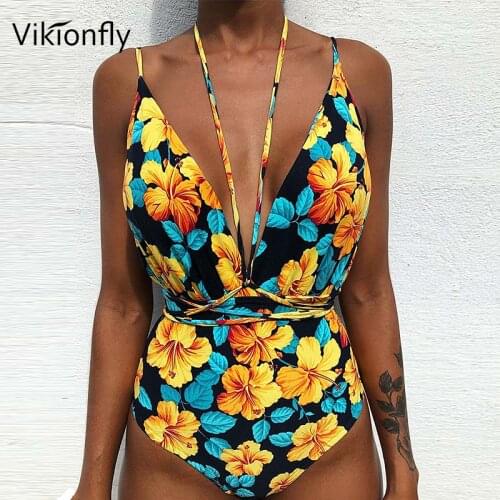 Vikionfly One Piece Women Swimsuit 2019 Printed Floral Sexy Belted Swimwear Swimming Suit For Monokini Bathing Suit Plus Size