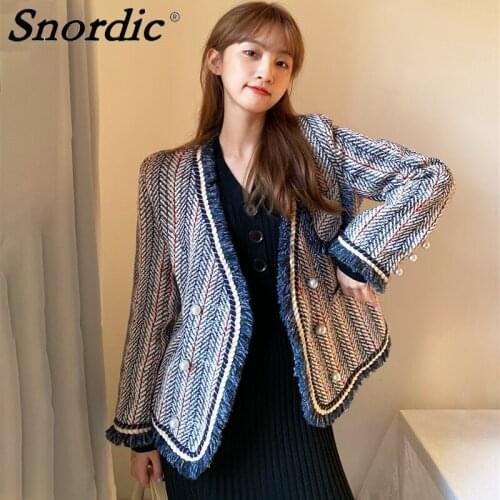 2021 Women Autumn Winter Vintage Tweed Blazer Coat Jacket Pearl Buttons Single Breasted V Neck Tassel Overcoat Suits Outwear