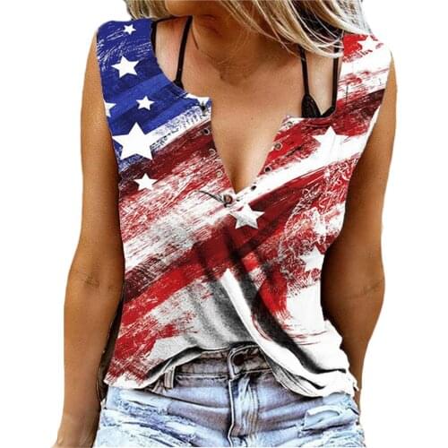Summer Sexy Vest Tops Womens Independerce Day Loose V-neck Sleeveless Button Print Tops Vest Women Clothing Harajuku Femme