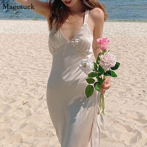 Plus Size Sexy Party 2021 Summer Women Dress Sexy V-neck Sling Satin Dress Bandage Sleeveless Holiday Beach Dress Vestidos 14580