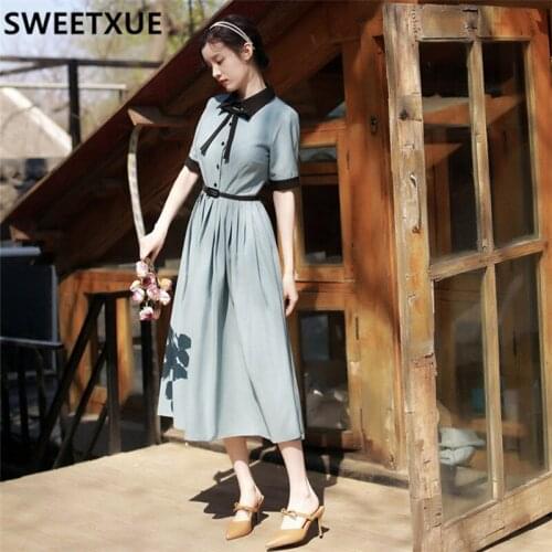 SWEETXUE 2021 Summer Retro Bow Chiffon Temperament Dress Womens Elegant Chic Party Fairy Female Vestido Mujer