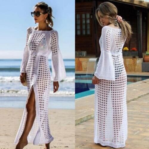 2019 Women Hollow Knitted Beach Long Sleeve Bikini Cover Up Lady Girls See-through Mesh Swimwear Beachwear Maxi Holiday Dress