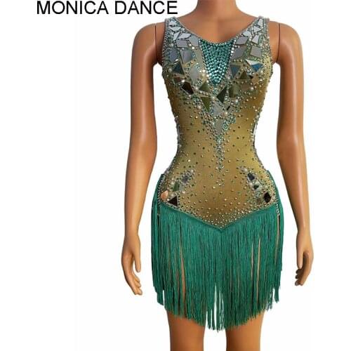 Women Green Fringes Rhinestones Mirrors Dress Birthday Celebrate Stretch Spandex Tassel Dance Bodysuit Singer Latin Dance Dress