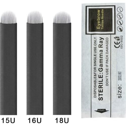 100PCS Black Flex Microblading U shape 16U Eyebrow Needles with 0.20mm Diameter 3D Embroidery for Tattoo Manual Pen Tattoo Inks