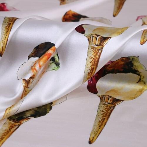 108 width white Ice cream printed silk stretch satin fabric women shirt dress fabrics for patchwork DIY clothing tissus au metre