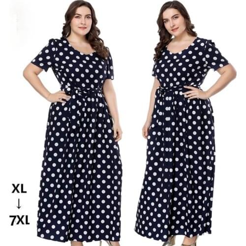 2021 Summer New Style Plus Size Womens Short-sleeved Polka-dot Printed A-line Dress Ladies Hedging Long Dress Womens Party 7XL