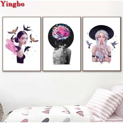 3 pcs diy full round square diamond embroidery girl flower and bird diamond painting mosaic triptych painting rhinestones 5d art