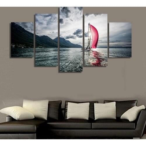 Embelish 5 Panels Sea Yacht Mountains Waves Wall Posters For Living Room HD Print Canvas Paintings Home Decor Modular Pictures