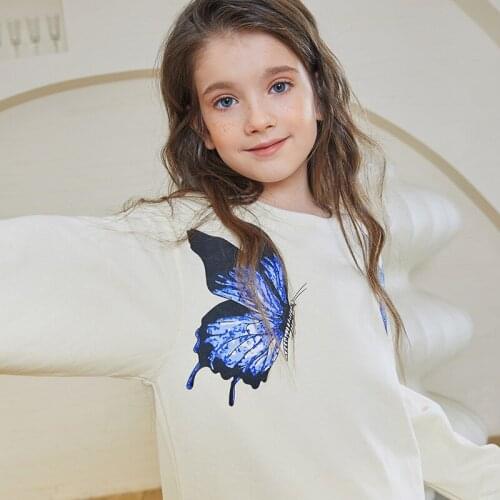 Kids Girls Butterfly White Cotton Tops 8 10 years Long Sleeve Spring Autumn Teen Girls Sweatshirt