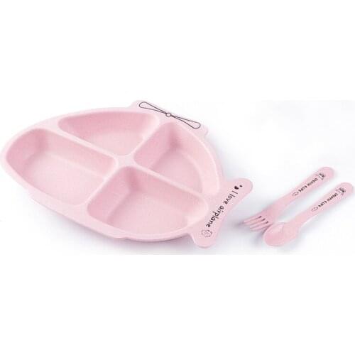 Childrens wheat cutlery, dishes, set of household meals, creative partitioning aircraft model with fork spoon