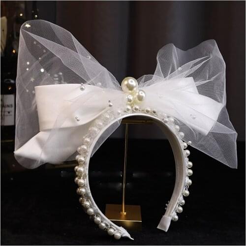 Youying French Style Mori Princess Style Satin Mesh Bow Beaded Headband Bridal Headdress Wedding Trip Shoot Accessories