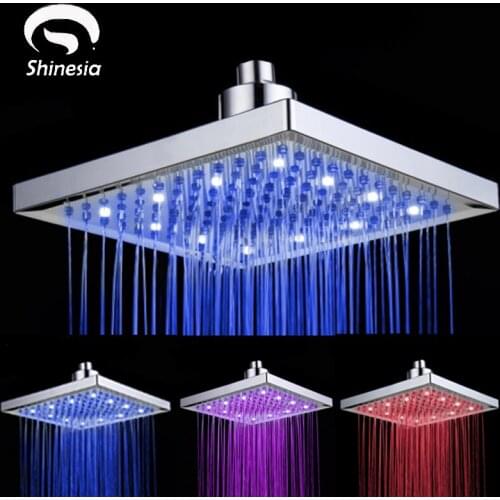 Shinesia Chrome Polished 8 Inch ABS Plastic Shower Head LED Light with Color Changing Without Shower Arm