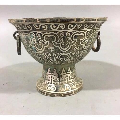 Chinese Antique Warring States bronze hand-made silver plated bowl Decoration