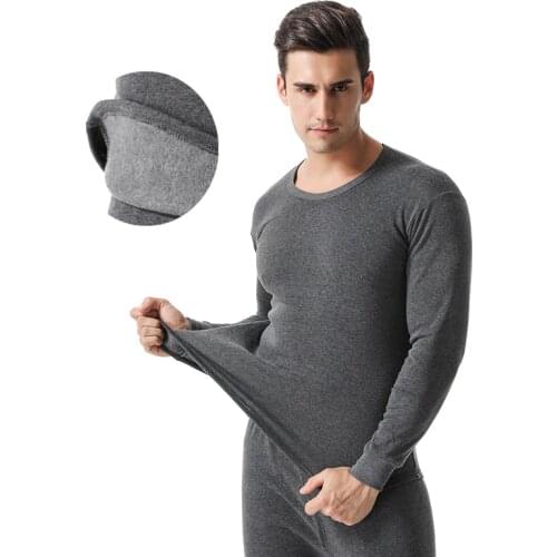 Men Autumn&Winter Hot Style Solid Round Collar Thermal Underwear Sets with Warm Wool and Thickened Thermal Long Johns Sets