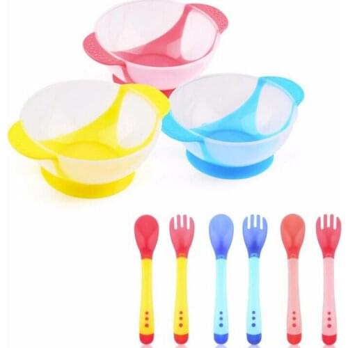 Hot sales 1Set/3Pcs Baby Spoon Bowl Learning Dishes With Suction Cup Assist food Bowl Temperature Sensing Spoon Baby Tableware
