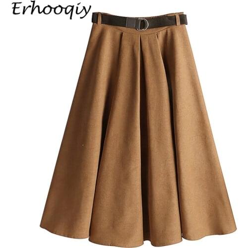 Fashion All-match High Waist A-Line Skirt Women 2021 Autumn Winter Solid Color Party Midi Skirt Female Casual Skirt With Belt