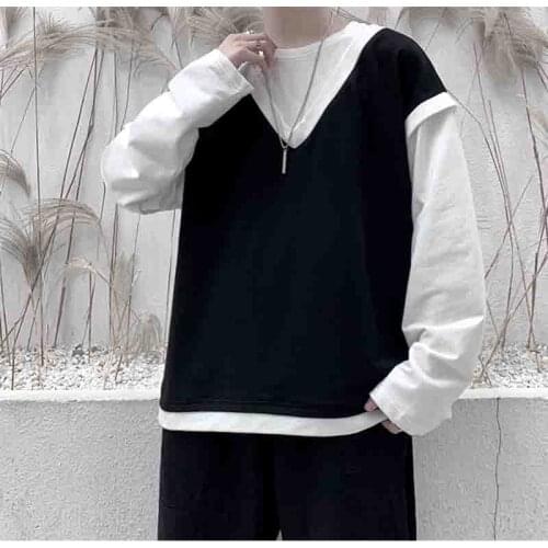 Patchwork mens autumn style two piece personalized vest overlapped with DJ new Harajuku loose ins T-shirt long sleeve T-shirt