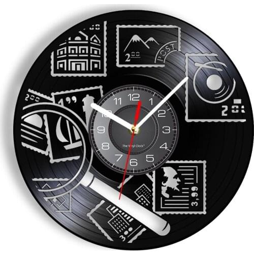 Stamps Wall Clock Made Of Real Vinyl Record Post Office Postcard Tourism Retro Wall Watch GIft For Stamp Collecting Lover Crafts