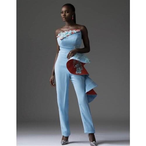 Sky Blue Jumpsuit Prom Dresses Lace Appliqued Off Shoulder Evening Dress Custom Made Sleeveless Party Gown