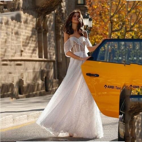 Verngo Beach Wedding Dress 2020 Shiny Sequin Fabric Bride Dress Off the Shoulder Corset Nude See Through Long Dress Vestidos