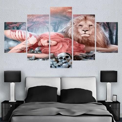 Canvas Poster Framework Living Room 5 Panel Lion Girl Landscape Painting Wall Art Modular HD Printed Home Decor