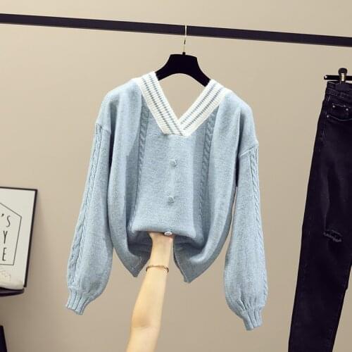 Pullover Women V-neck Sweater Autumn Winter Vintage 2021 Imitated Mink Wool Personality Print Oversized Knitted Pullovers Warm