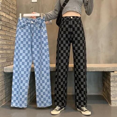 Light Blue y2k Denim Plaid pants Trousers Vintage Pants Women Korean Straight Long Pants High Waist With Belt Autumn baggy jeans