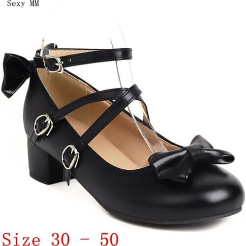 Ladies Med Heel Mary Janes Shoes Square Women Pumps Office Career Shoes Med High Heels Kitten Heels Small Plus Size 30 - 50