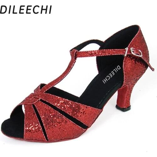 DILEECHI Red sequins Latin dance shoes Womens professional Ballroom dancing shoes Salsa dance shoes samba shoes 6cm