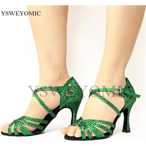 Green Crystal Dancing Shoes Customized Heel 5cm to 10cm Suede Outsole Green Satin Salsa Latin Dance Shoes For Women