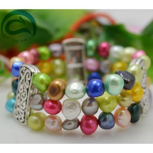 Unique 100% Natural Freshwater Pearl Bracelet AA 8-9MM Multicolor Real Pearl Jewellery Elastic Bracelet,Woman Fine Jewellery