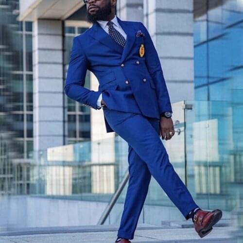 YiMinpwp Blue Men Suits Peaked Lapel Double Breasted Prom Suits Big and Tall Blazer Jacket Men Tuxedos Groom Wedding Suits