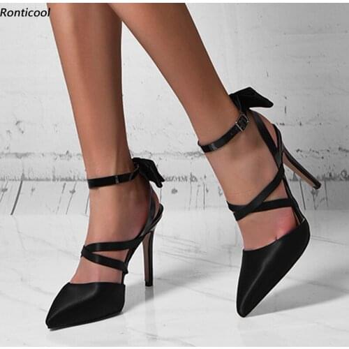 Ronticool Women Sandals Ankle Strap Butterfly Knot Stiletto Heels Pointed Toe Elegant Black Dress Shoes US Size 5-15