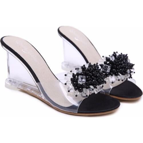 Slope Sandals High Quality rystal Transparent Diamond Wedges Crysta Sandals High heels 8.5cm Slope Sandals Female Summer 2018