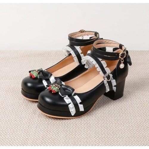 US4-14 Womens Lolita Mid Heel Round Toe Bowknot Lace Strawberry Kawaii Cosplay Shoes Plus Size 34-48 Ankle Belt Mary Janes