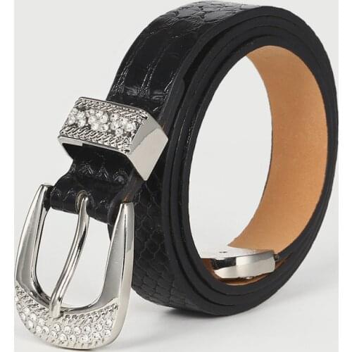 Women Diamond-inlaid Design Snake PU Belt 2021 Fashion Casual 112CM Alloy Pin Buckle Elegant Chic Black Streetwear Party Belts