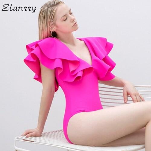 2021 Women One Piece Swimsuit Flouching Sexy Swimwear Vintage Bathing Suit Monokini Deep V Solid Beach Bodysuit Maillot De Bain