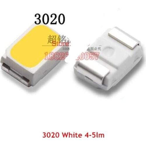 100PCS 3020 WHITE LED 4-5LM TRUE WHITE 6000-7000K 2.8-3.0V 20mA 3.0*2.0*1.2mm SMD light beads cree led COB chip led power led