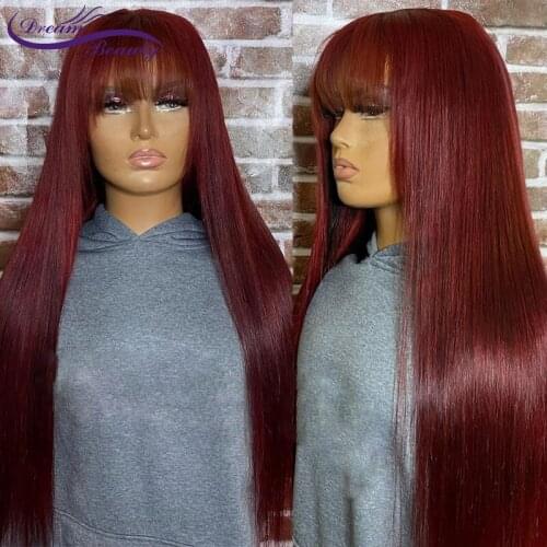 99J Colored Burgundy 13x4 Lace Front Wig Human Hair Wigs 180% Density PrePlucked Remy Hair Wigs With Bangs For Women