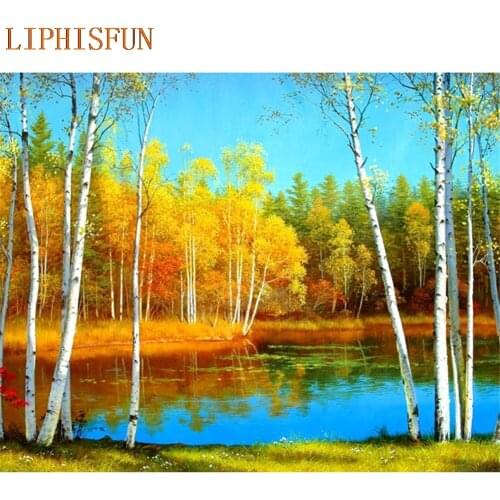 Diamond Painting Cross Stitch Full Square Round Picture of Rhinestone DIY Mosaic Embroidery Tree Lake New Year Gift