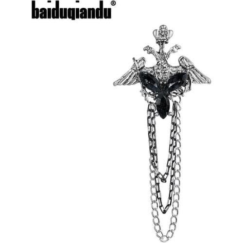Baiduqiandu Brand New Arrival Crystal Double-headed Eagle Chain Brooch Lapel Pins for Men
