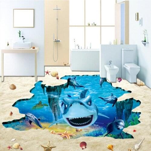 Free shipping bathroom aquarium decoration Fantasy Underwater World Shark Dolphin self-adhesive flooring wallpaper mural