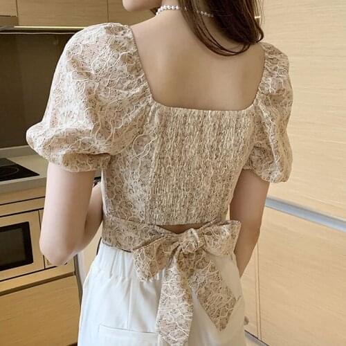 Women Blouses and Tops 2021 Summer V Collar Bow Top Shirts Blusas Female Floral Puff Sleeve Chiffon Dropshipping Pink Sexy 1013