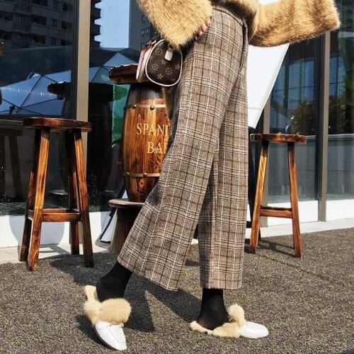 Women Casual Pants Plaid New Woolen Winter Wide Leg Warm Street Elastic Waist Button Loose Korean Fashion Vintage Pants