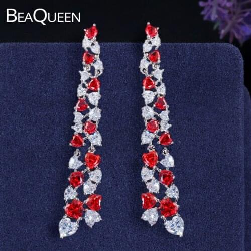 BeaQueen Full Heart Cubic Zircon Setting Deep Red CZ Crystal Long Dangle Drop Earrings Indian African Jewelry for Ladies E332