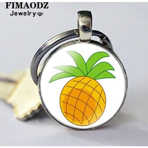 FIMAODZ Cute Cartoon Pineapple Keychain Watermelon Apple Strawberry Lemon Picture Glass Fruit Key Chain Keyring for Kids Women