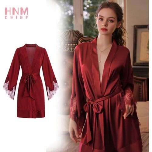 Bride Robe Women Silk Satin Short Night Robe Solid Kimono Robe Fashion Bath Robes Sexy Bride Robe Lace Splicing Casual Nightgown