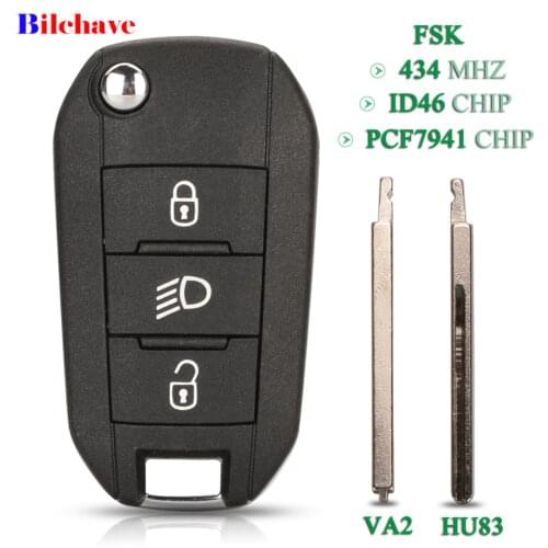 Bilchave Original FSK 434Mhz ID46 PCF7941 Chip 3 Buttons Flip Remote Control Car Key For Citroen C3 C5 Peugeot 208 308 301 2008
