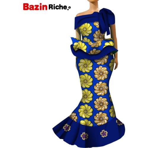 African Wax Print Two Piece Set Trend Bazin Riche elegant African Traditional Clothing Dashiki Crop Top and Skirt Sets WY5554